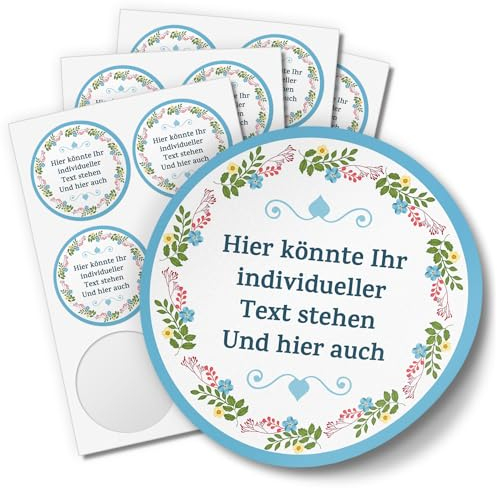 24 INDIVIDUELLE runde Etiketten SELBER GESTALTEN: Blumenkranz Herz Rahmen blau schlicht - Personalisierte Aufkleber für Hochzeit, Taufe, Konfirmation, Kommunion, Produkte