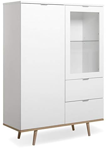 Newfurn Highboard Weiß Vitrine Wohnzimmer skandinavisch Kommode Elia | Glastür mit Vitrinenfach, konische Holzbeine, Sideboard mit Schubladen und Türen, für Flur und Schlafzimmer