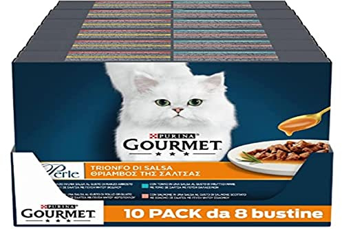 Purina Gourmet Perlen Triumph der feuchten Sauce Katze mit Rind, Huhn, Lachs und Thunfisch, 80 Beutel à 85 g