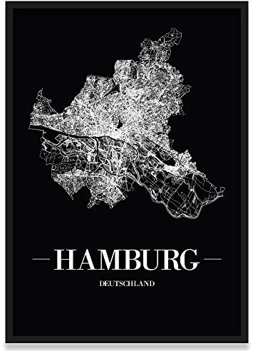 JUNIWORDS Stadtposter, Hamburg, Wähle eine Größe, 30 x 40 cm, Poster mit Rahmen, Schrift A, Schwarz