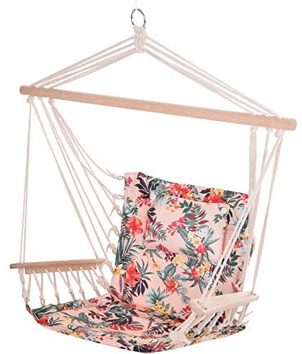 Outsunny Garden Outdoor Hanging Hammock Chair Thick Rope Frame Wooden Arms Safe Wide Seat Garden Outdoor Spot Stylish Multicoloured floral
