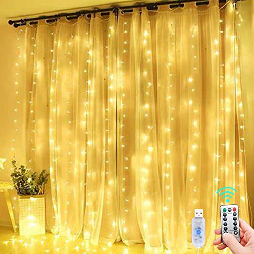 LED Lichterketten Lichtervorhang, XVZ 3m x 3m USB Lichtervorhang Innen, 8 Modi mit Fernbedienung Timer für Schlafzimmer, Wand, Vorhang, Weihnachten, Partydekoration(Warmweiß)