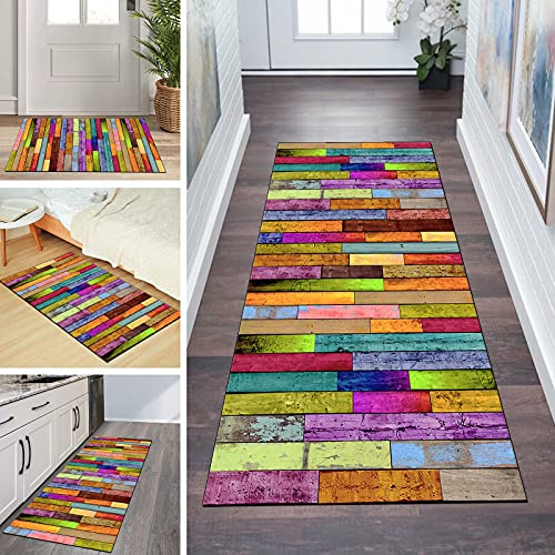 QQrunner Läufer Teppich Flur Bunt rutschfest Meterware 70x150cm Waschbar Küchenteppich Holzmaserung Schlafzimmer Korridor Teppichläufer Lang, Anpassbare Größe, 60-120cm Breit