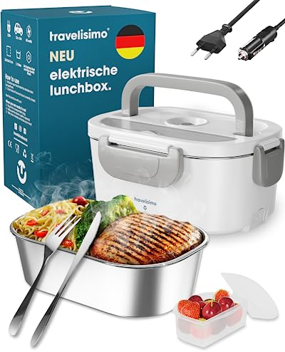 TRAVELISIMO Scaldavivande Elettrico Portatile, 80W 1,5L Porta Pranzo Riscaldabile, 220V/12V/24V Scalda Vivande Portatile Elettrico per Auto Camion e Ufficio - Portapranzo Riscaldabile Portatile