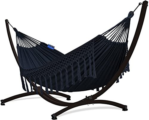 Potenza Outdoor Hängematte mit Gestell für 2 Personen I Baumwolle Doppelhängematte XXL 220x160, 200kg I Hängemattengestell 220kg, wetterfest (Santia-Schwarz, Gestell Braun)