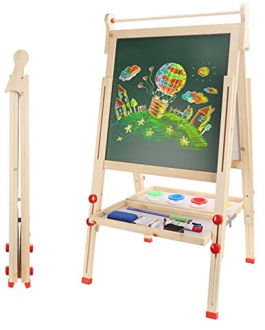 Dripex Kids Easel, Children's Wooden Art Easel Foldable, Double-Sided Magnetic Blackboard & Whiteboard for Kids and Toddlers, Chalkboard with Painting Art Supplies