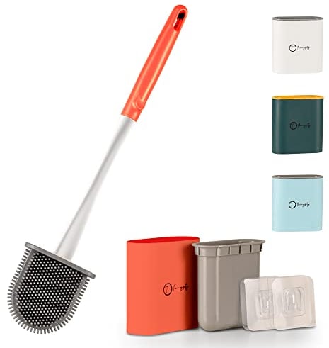 THINGSITY Bathroom Silicone Toilet Brush and Holder Set with Strong Grip Long Plastic Handle (Red)