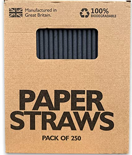 Lot de 250 pailles en papier noir solide (200 mm x 6 mm) fabriquées au Royaume-Uni – Pailles biodégradables (noir uni)