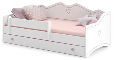 KOBI Letto Bambino con Barriera Emma | 160 x 80 cm | Letti per bambini | Letto per bambini e ragazza | con materasso | Letto per bambini con cassetto | Bianco Grigio Rosa