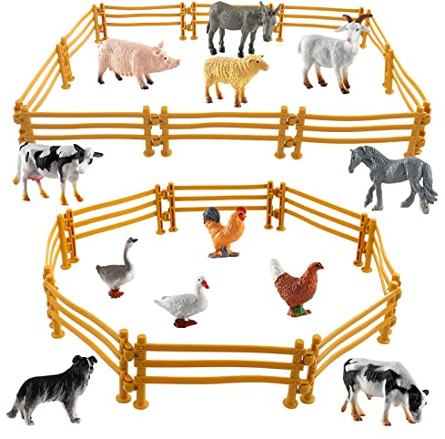 32 Stück Mini Bauernhof Tierfiguren Spielzeug Set,Realistisches Spielzeug Zaun,Kunststoff Bauernhof Farm für Scheune Stall Nutztier, Kuchendeckel Pädagogische Lernspielzeug Miniatur Deko