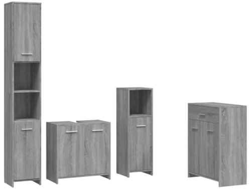 vidaXL Badmöbel Set 4 TLG., Badezimmermöbel mit Hochschrank Waschbeckenunterschrank Midischrank, Badschrank mit viel Stauraum, Waschtischschrank Badezimmermöbel, Grau Sonoma Holzwerkstoff