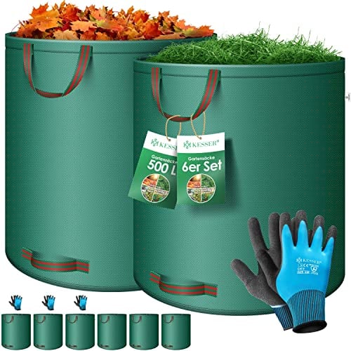 KESSER® Gartensack 6X 500L Set Laubsack Gartenabfallsack inkl. Handschuhe - Selbststehend 4 Griffe Stabil Robust & Faltbar - Laubsäcke Rasenschnitt Gartensäcke für Gartenabfälle Grünschnitt Grün