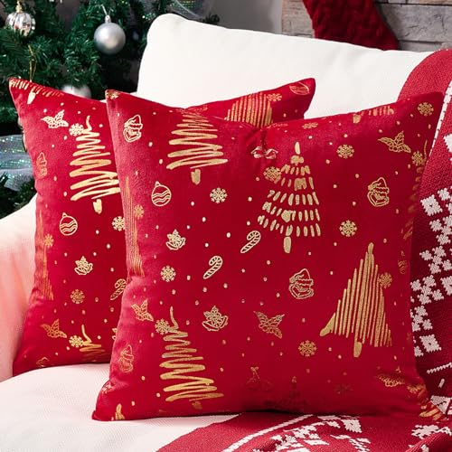 Topfinel Kissenbezug 45x45 Weihnachten Rot 2er Set Samt Kissenbezüge Kissenhülle Deko für Dekokissen Sofakissen Couchkissen Weihnachtsdeko Geschenk Wohnzimmer Schlafzimmer