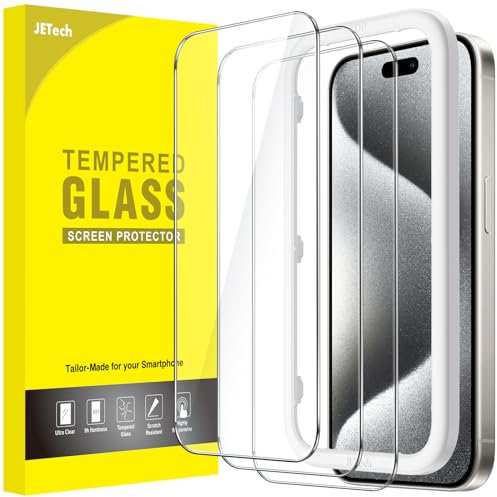JETech Protector de Pantalla para iPhone 15 Pro 6,1 Pulgadas, Cristal Vidrio Templado, con Marco de Instalación Fácil, Amigable para Funda, HD Transparente, 3 Unidades