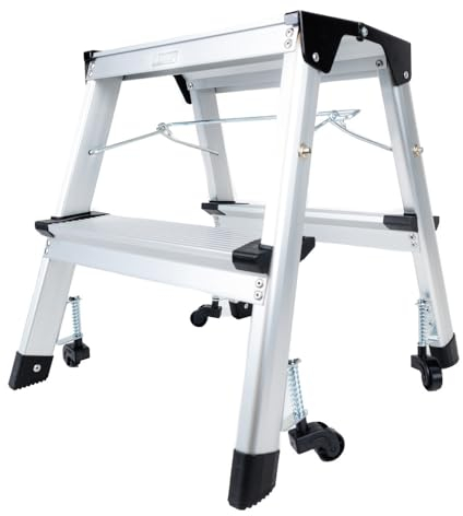 Dönges Alu-Klappleiter mit Rollen, 2-Stufig - Beidseitig Begehbar, Platzsparend Zusammenklappbar, TÜV-zertifiziert