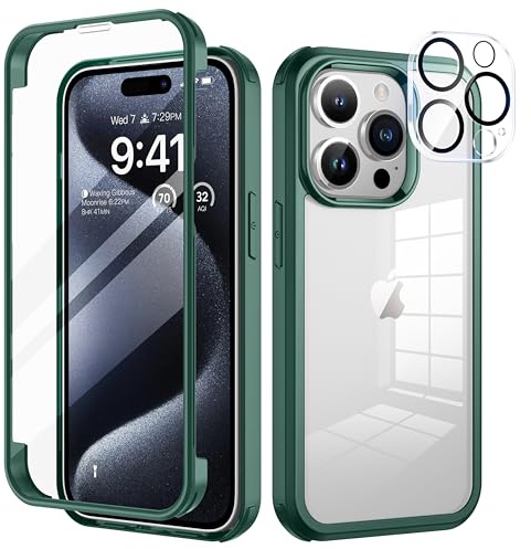 seacosmo for iPhone 15 Pro Case with Tempered Glass Screen Protector, Green | Full Body Shockproof Protection Armour Cover, Camera Lens Protector, Slim Fit Bumper Dual Layer Protective Rugged Phone Case