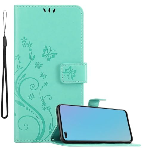 Cadorabo Hülle kompatibel mit OnePlus Nord Blumen Design aus Premium Kunst Leder Flip Klappbare Stoßfeste Magnetische [Standfunktion] [Kartenfächern] Cover Case für OnePlus Nord Tasche in Türkis