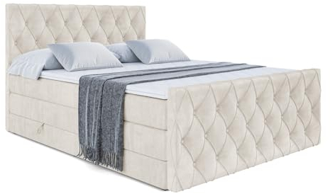 ALTDECOR Boxspringbett mit Matratze und Lattenrost, Topper, Fußteil, Polsterbett mit Bettkasten, Bett mit Stauraum H3- und H4- Matratze, Doppelbett, Springboxbett - Amay King - 120x200 - Beige Samt