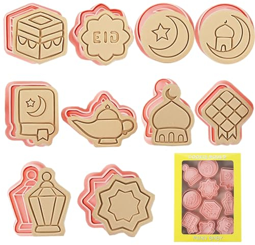 YeahBoom 10 Piezas Eid Mubarak Juego de cortadores de galletas,3D Ramadán Eid Mubarak Galleta MoldeHerramientas,Molde de galletas de PP para Eid,Cortador de Galletas Eid,Plástico Reutilizable Moldes