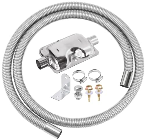 Swpeet 8Pcs 1 x 79- 25mm x 200cm Stainless Steel Diesel Heater Exhaust Pipe and Exhaust Silencer Muffler with 18mm-29mm Hose Clamps Kit, Fuel Tank Diesel Gas Vent Hose Exhaust Tubing for Car Vehicle