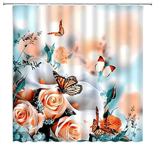 NYDSZNE Orange Flower Butterfly Shower Curtain White Teal Orange Blooming Calla Flower Butterfly Plant Nature Dreamy Bathroom Decor Fabric Shower Curtain with Hooks