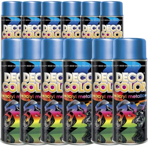 DECO COLOR 12er Sparpack Lackspray BLAU 400ml - Sprühlack mit Effekt für z.B. KFZ, Fahrrad (12 Dosen Lackspray Blau mit Metallic-Effekt)