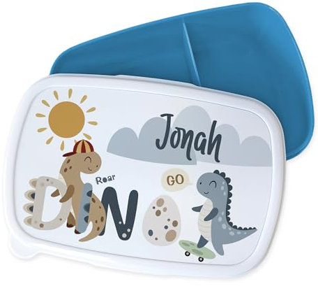 GRAZDesign Brotdose Dinosaurier Kinder personalisiert Junge blau rosa, Schulkind Kinderbrotdosen blau