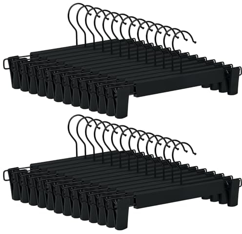 Tekenewbse 20 Perchas para Pantalones, Pinzas Perchas Faldas de Falda Que Ahorran Espacio con Ganchos Giratorios de 360 °, Clips Ajustables para Colgar Pantalones Cortos Camisas Falda Bufanda (Negro)