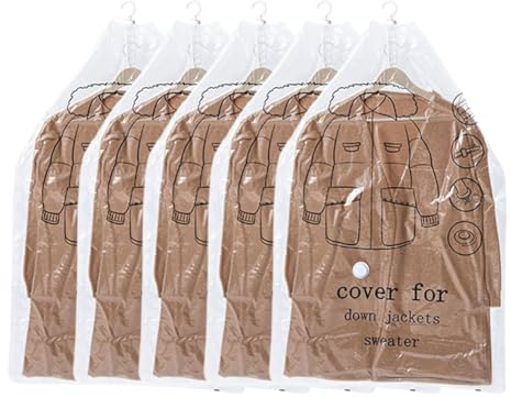 5 Stück Vakuumbeutel für Kleidung - Hängend Vakuumierbeutel Kleidung, Transparente Vacuum Bags for Clothing, Vakuum Kleiderbeutel mit Kleiderhaken für Anzüge, Mäntel, Jacken, Kleider und Talare