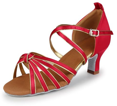 PADGENE Damen-Tanzschuhe mit weicher Satinsohle, hohe Absätze, Tanzschuhe für Jazz/Latein/National Mark/Rumba/Cha Cha, M Rotgold, 5 cm, 40 EU