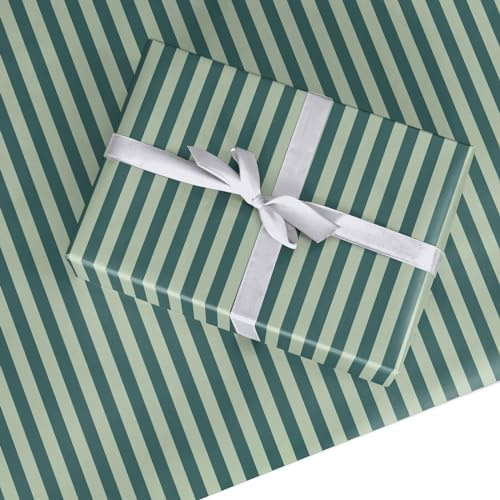 Forest Green Striped Wrapping Paper – Gift Wrap for Birthdays, Christmas, Parties & Special Occasions – Chic Sage & Dark Green Design – For Men & Women - 2 Sheets (50cm x 70cm)