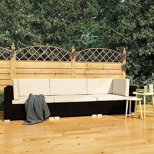 Hommdiy Garten Sofagarnitur 3-TLG. mit Auflagen 3er Sofa Couch Lounge Gartensofa Gartenmöbel Sitzgruppe Rattansofa Poly Rattan Schwarz und Creme,3-TLG.