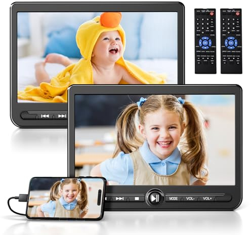Arafuna 10.5 Reproductor de DVD para Coche, Recargable DVD Portátil Coche, 5000mah Recargable, 2 monitores de reposacabezas, 2 Control Remoto, Cable DVI
