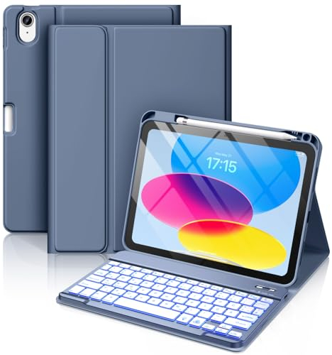 Vobafe Hülle mit Tastatur für iPad A16 11/10 Generation (2025/2022, 11/10.9 Zoll)- 7 Farben Beleuchtete Magnetische Abnehmbare Keyboard Schutzhülle mit Stifthalter für iPad 11. /10. Gen, Blau Grau