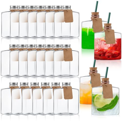 Roshtia 24Pcs 8oz Plastic Juice Bottles with Perforated cork, Reusable Mini wine bottles with Straw, Empty Juice Containers for Drinks Wine Juice Wedding Party Favors with Funnel Tags and Ropes