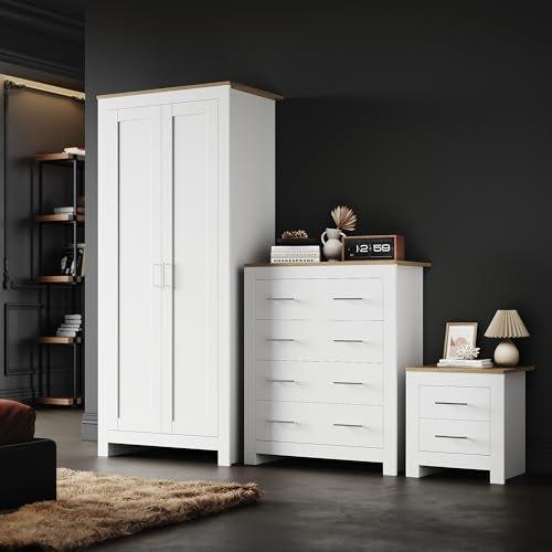 ELEGANT 2 Door Bedroom Wardrobe and 4 Drawer Chest and Bedside Cabinet, Furniture Set with Large Hanging Space New Luxury Style Cabinet for Bedroom Storage, White/Oak