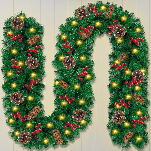 JAMATA Guirnalda Navidad con Luces 270cm,Guirnalda Artificial de Abeto,Decoración para Chimeneas,Exterior,Escaleras,Puertas y Ventanas,Corona Navideña para Interior y Exterior