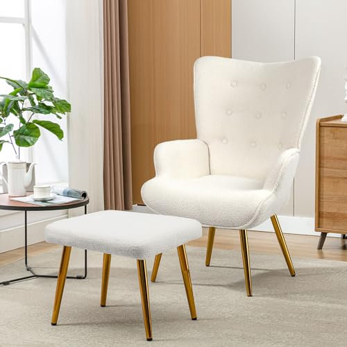 KeepGoon Fauteuil de Chambre à Coucher, Fauteuil scandinave avec Repose-Pieds, Chaise de Salon Confortable en Tissu Peluche avec Pieds en métal doré, Fauteuil de Salon (Blanc)