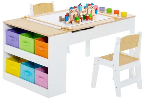 Maxmass 2-in-1 Kids Art Table and Chair Set, Children Lift-top Wooden Craft Table with Open Shelf, Paper Roll, 6 Storage Boxes, Toddler Play Tables for Drawing Learning (Natural, 6 Cups)