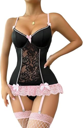 BEINF Completo Intimo Donna Set di Lingerie Donna Sexy Babydoll 3 Pezzi | Floreale,Pizzo,Lingerie,Abbigliamento da Notte,Reggiseno con Ferretto e scollo a V,Reggicalze,Calze a rete,Slip,Bustino