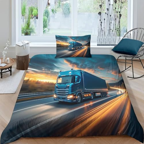 VUDBELAFC Big LKW Bettbezug Set Bettwäsche Kinderbettwäsche-Set Reißverschluss Mit Kissenbezug Betten Set Für Jungen Und Mädchen, Kinder Single（135x200cm）