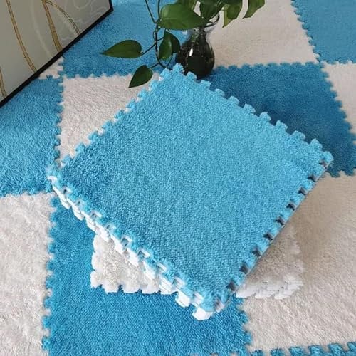 Btstil 10 Pcs Plush Crawling Mat, 30x30x1cm Interlocking Foam Mat Floor Tiles with Edge, Non-Slip EVA Soft Playmat Puzzle Floor Mat for Fitness, Children, Play, Gym (10pcs Blue)