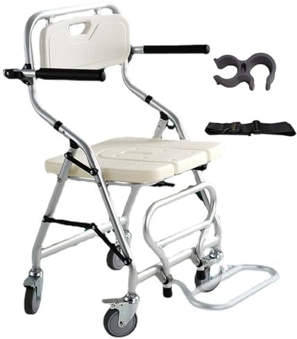 Duschhocker für Rollstuhlfahrer, Duschstuhl für Senioren mit einstellbarer Höhe und Rollen, tragbarer Duschsitz mit Rücken- und Armlehne, faltbarer Badehocker mit Rollen für Behinderte, ergo