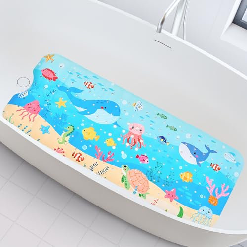 WELTRXE Baby Bath Mat Non Slip Anti Mould, 100x40cm Extra Long Bathtub Mat for Kids, Large Shower Mat for inside bath, Soft Tub Mat with Strong Suction Cups, Cartoon Bathroom Mat, Whale