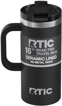 RTIC 16oz Road Trip Travel Mug with Lid and Handle, Ceramic Lined, Insulated, Stainless Steel, Metal, Double Wall Vacuum-Insulation, Portable Coffee, Tea Cup for Hot and Cold Drink, Black