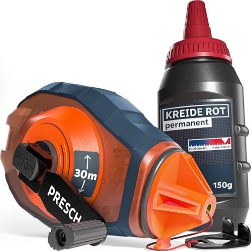 PRESCH Chalk Line 30m incl. red chalk (150 g) - Fast retraction thanks to 6:1 gearbox - Water repellent and durable - Robust line for precise marking