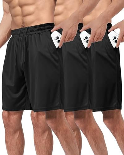BOOJO 3er Pack Sporthose Herren Kurz Hosen mit Taschen Sport Shorts Schnell Trocknend Trainingshose für Gym Fitness(Schwarz*3,3XL)