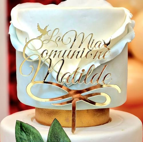 Cake Topper La mia Comunione con Nome Personalizzato | Targhetta Decorativa per Torte Personalizzabile in Plexiglass Specchiato, 15 cm di Altezza x 12 cm (Oro Specchiato)