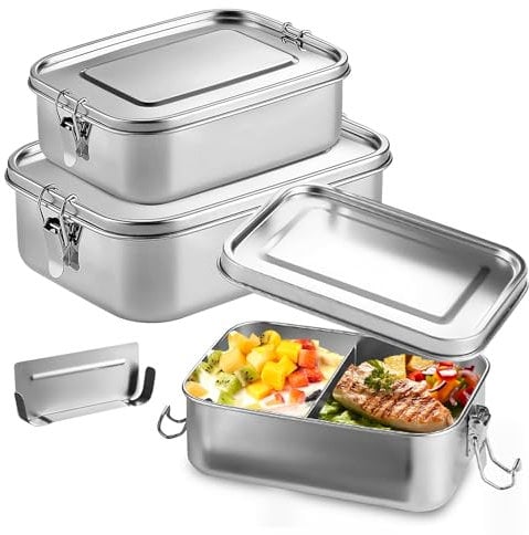 Brotdose Edelstahl, 3er Pack Lunchbox Brotdose, Lunchbox Auslaufsicher Brotzeitdose mit Fächer und Dichtring in Den Volumina 2400 ml, 1400 ml und 850 ml, 304-Stahl-Bento-Boxen für Schule, Arbeit