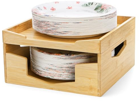 yarlung Bamboo Paper Plate Dispenser Holder for 8-10 inch Plates and Air Fryer Liners, Portable Stackable Disposable Plates Organizer for Kitchen Cabinet and Countertop Storage